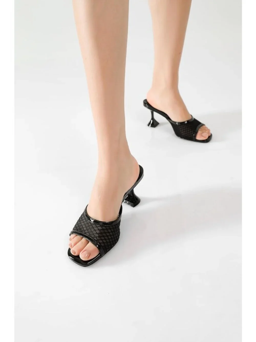 Women's Black Mesh Stylish Square Open Toe Slip on Heeled Slides Mules Sandals